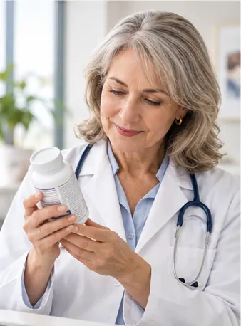 Dr. Nancy D. McCahren, MD, reviewing a supplement label